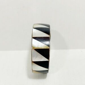 Vintage Wide Shell Cuff Bracelet Mother of Pearl Dark Brown & White Silver Tone